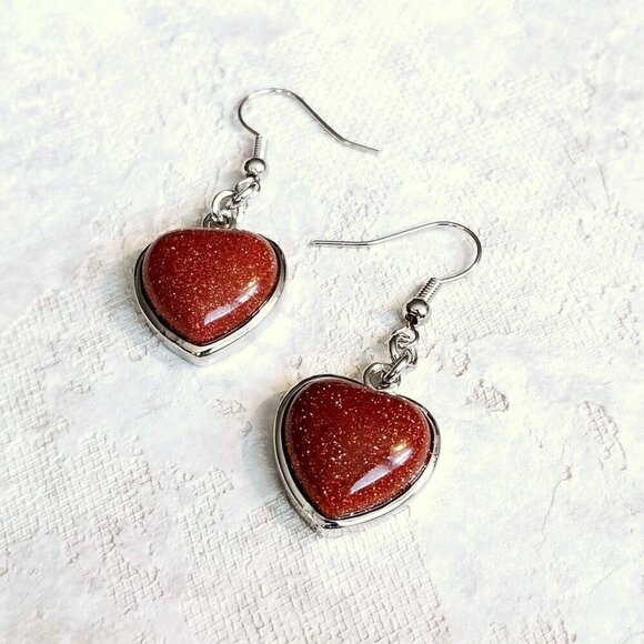 Handcrafted Brown Goldstone Heart Gemstone Pendant Dangle Earrings - Picture 2 of 6